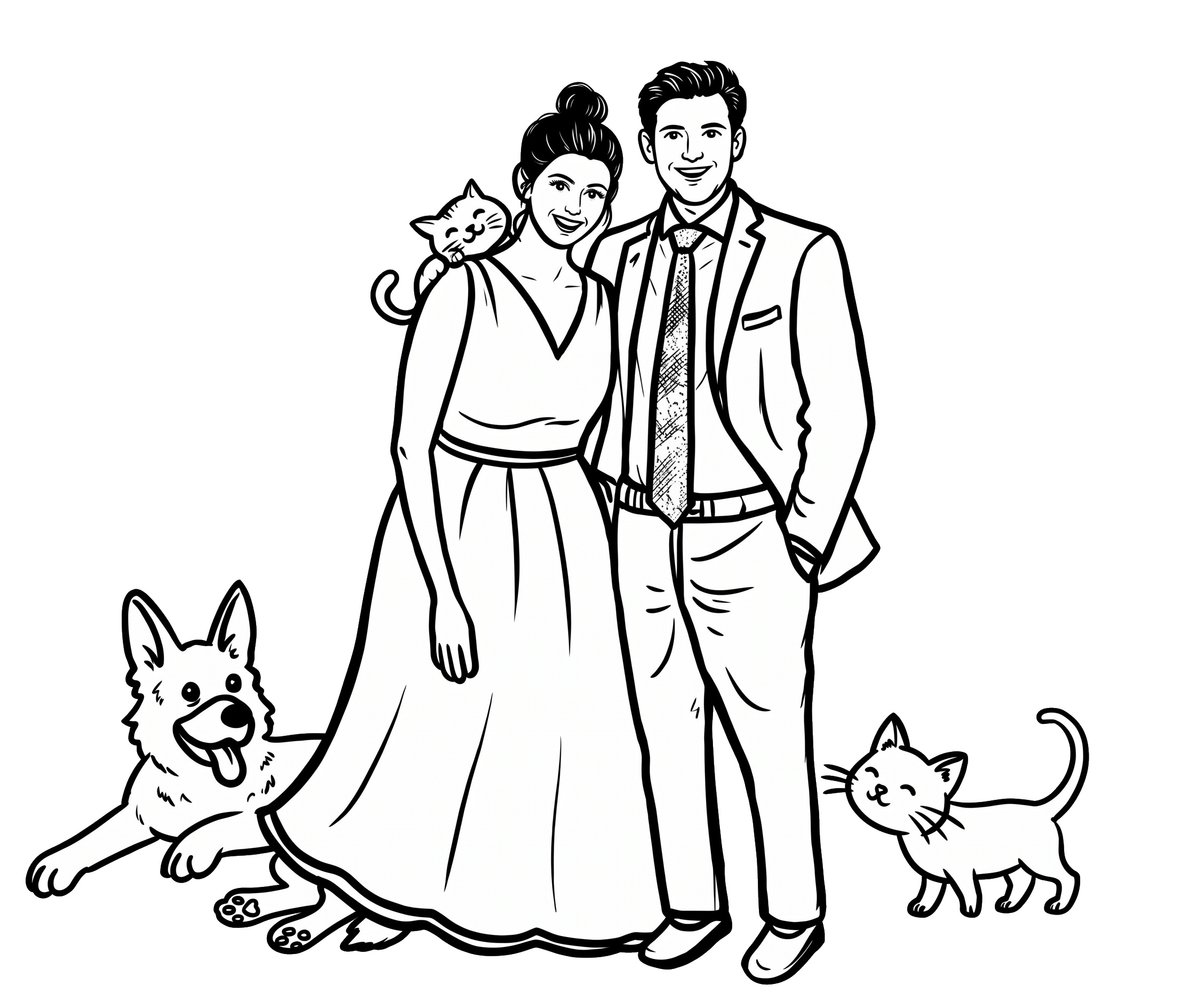 Illustration of Abhya and Victor with their dog and cats